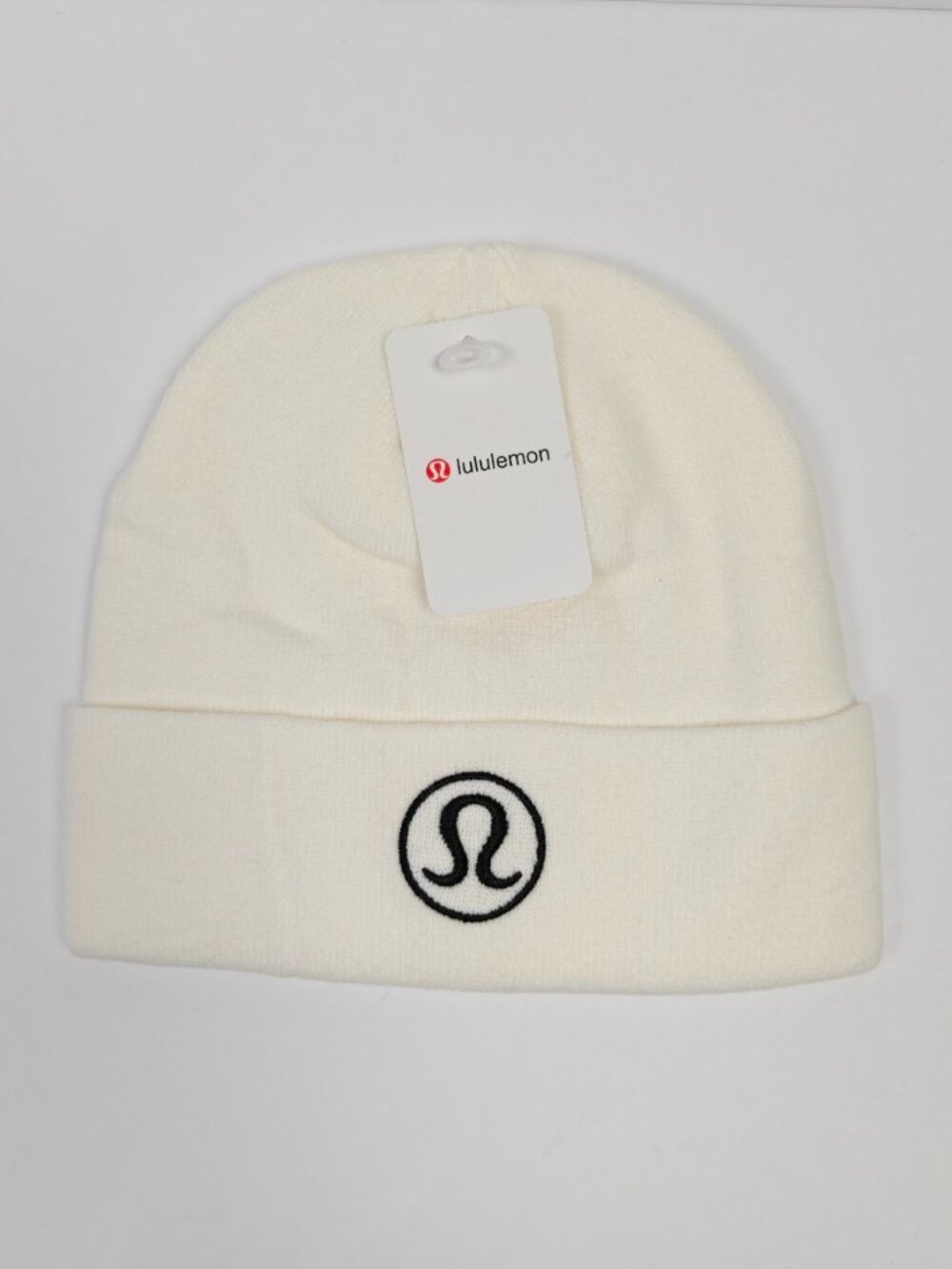 Lululemon White Cream Knit Cuffed Beanie Hat Black Embroidered Logo